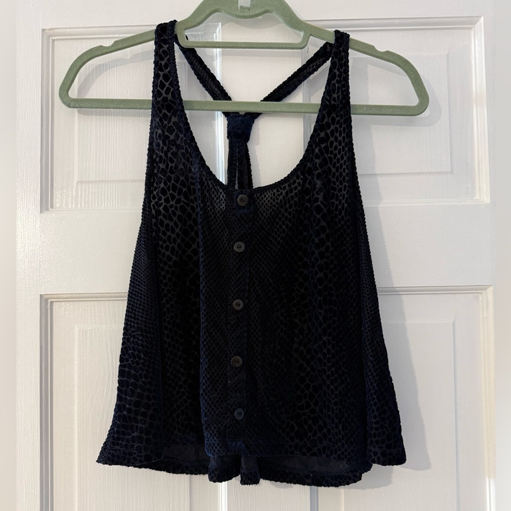 Casual Navy Sheer Button-Up Razor Back Crop Top